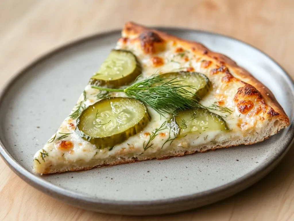 Sliced pickle pie pizza on a plate