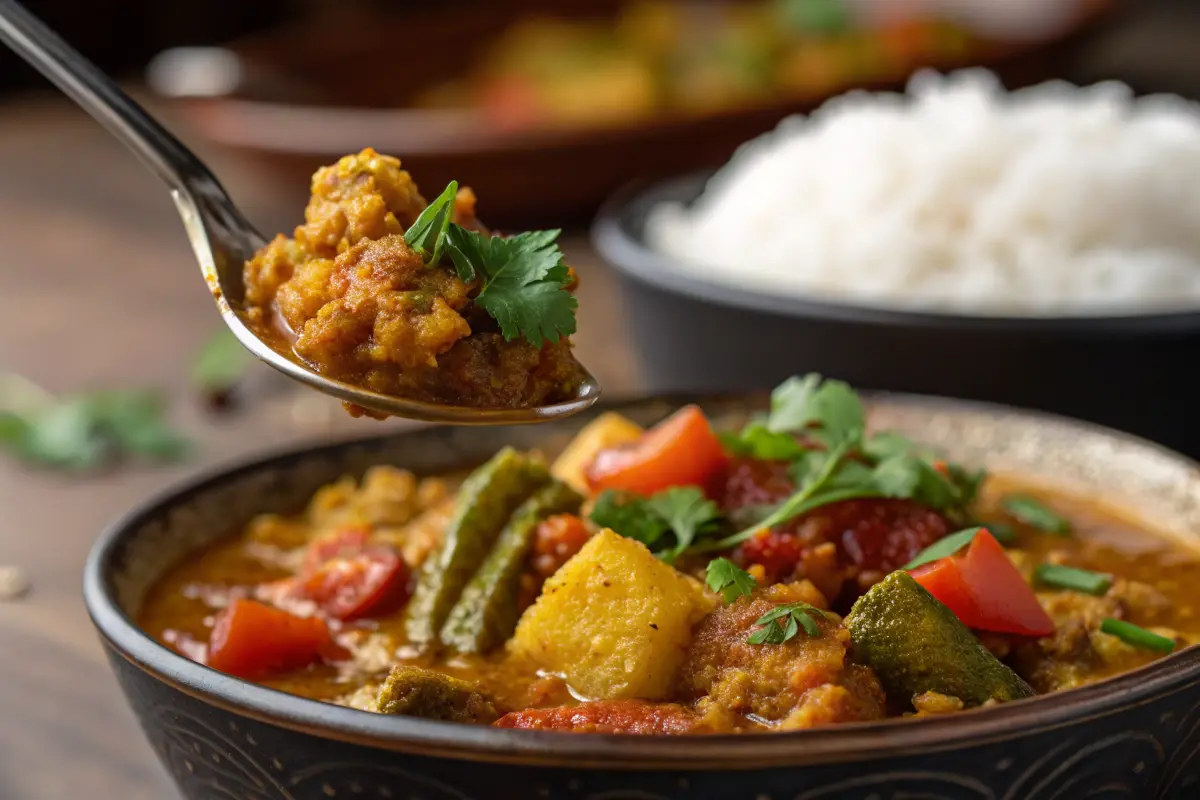 A spoon scooping a bite of healthy breakfast curry
