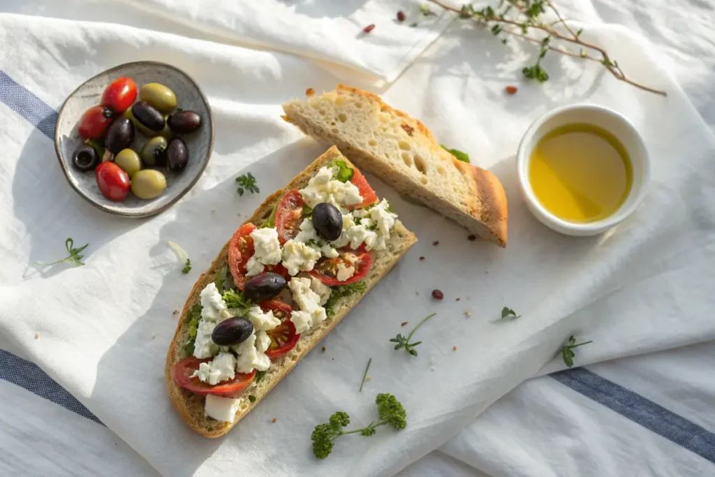 Mediterranean salad sandwich with feta, olives, and sun-dried tomatoes