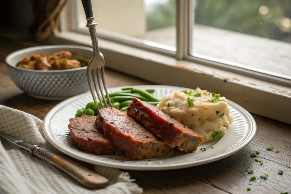 Sliced BBQ meatloaf with mashed potatoes