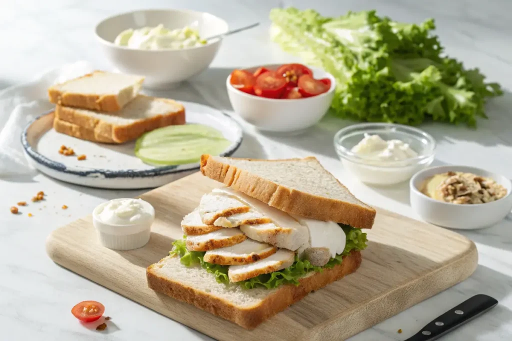 Layering salad sandwich with lemon-herb mayo and grilled chicken