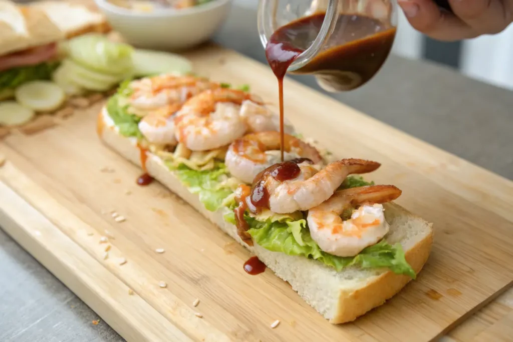Toasted brioche bun layered with shrimp, lettuce, and sauce