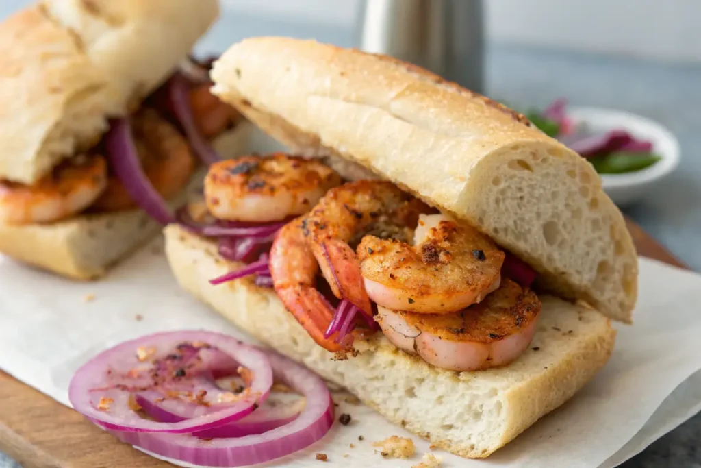 Spicy Cajun shrimp sandwich with pickled onions and sriracha mayo