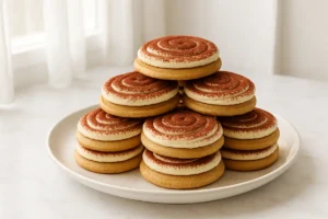Tiramisu cookies with mascarpone cream and cocoa dusting on a white plate