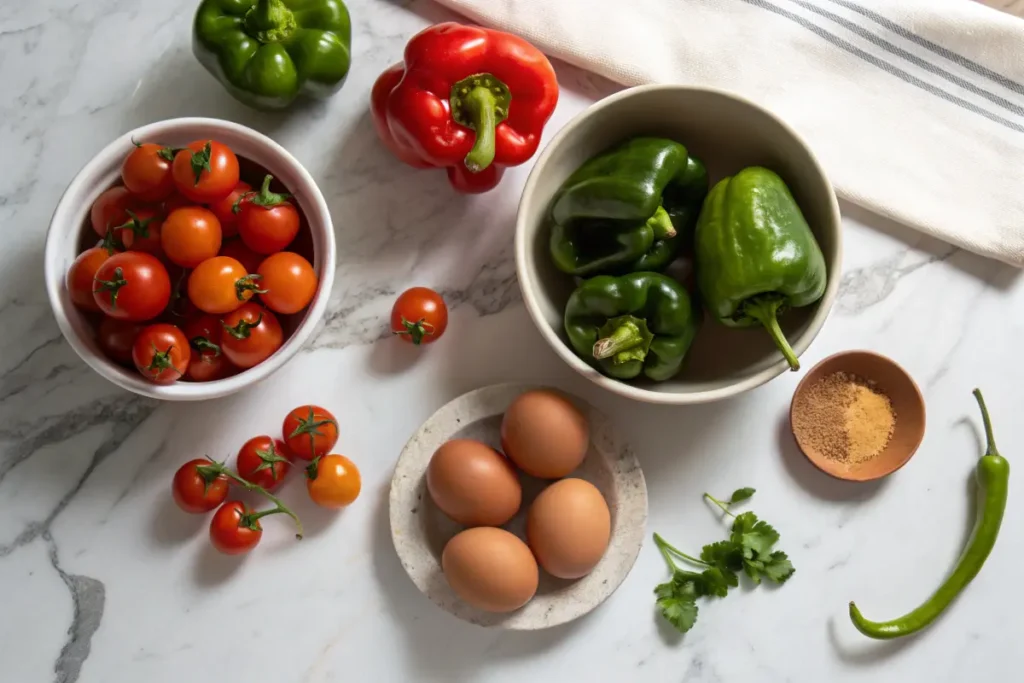 Fresh ingredients for egg stew: eggs, tomatoes, peppers, and spices