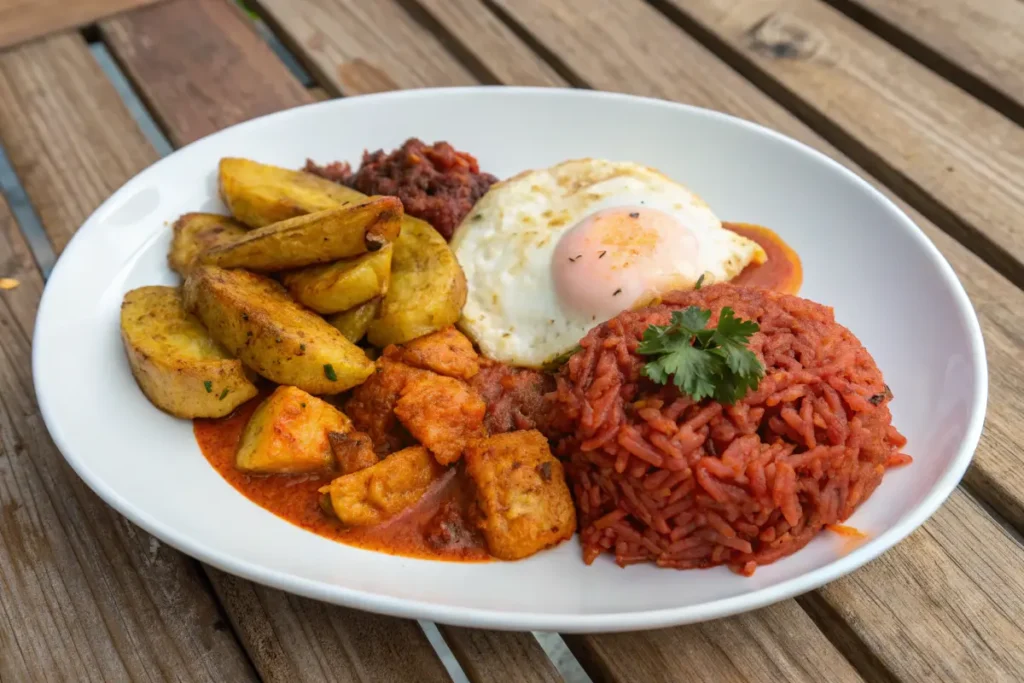 Egg stew served with jollof rice and fried plantains
