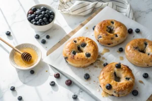 Homemade blueberry bagels with fresh berries and honey drizzle