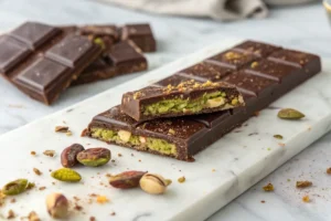 Crispy kunafa chocolate bar with pistachios and melted chocolate drizzle