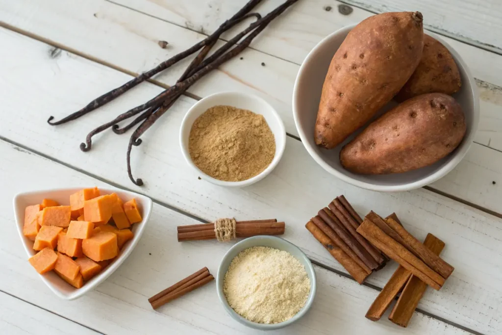 Sweet potatoes, brown sugar, and spices for casserole