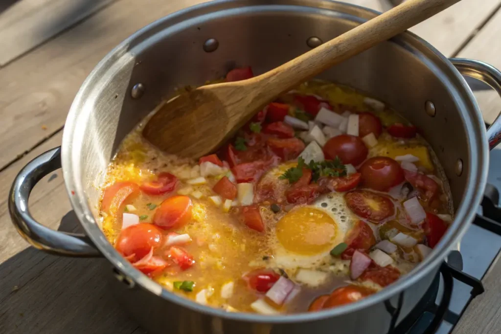 Close-up of simmering egg stew in a pot with wooden spoon