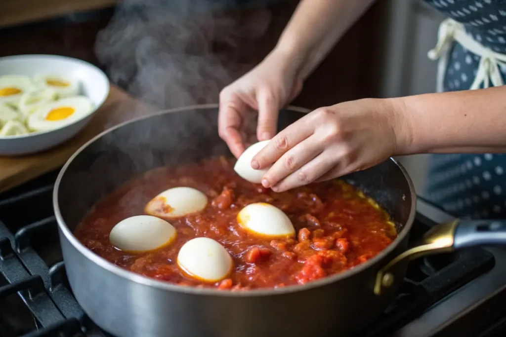 Adding boiled eggs to tomato-based egg stew sauce