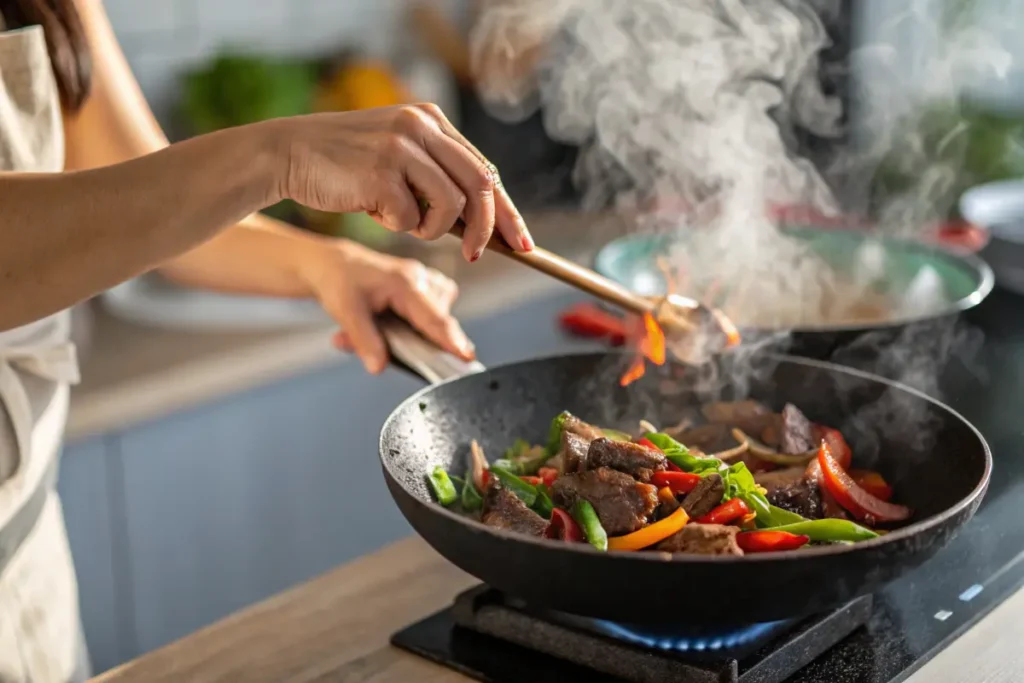 Sizzling Kung Pao Beef in wok with bell peppers and chiles