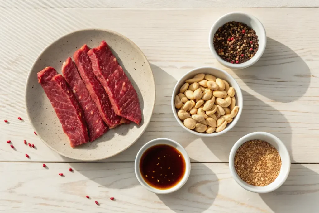 Raw ingredients for Kung Pao Beef: flank steak, peanuts, soy sauce, dried chiles