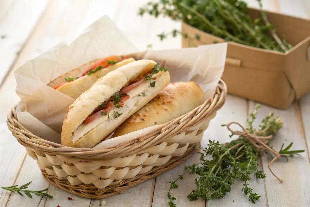 Meal-prepped salad sandwiches wrapped in parchment paper