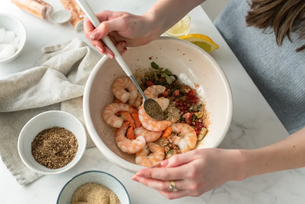 Raw shrimp seasoned with Old Bay and garlic in a stainless steel bowl