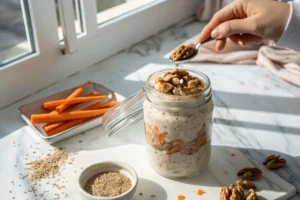 Creamy carrot cake overnight oats in a glass jar with walnuts and cinnamon sprinkle