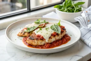 Grilled chicken parmesan with melted mozzarella and basil