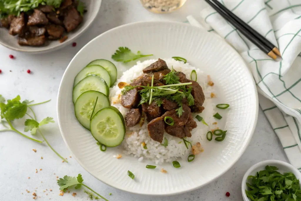 Kung Pao Beef served with jasmine rice and cucumber salad