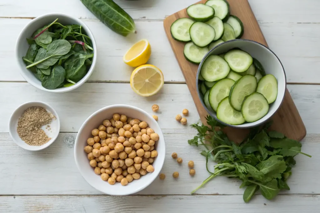 Fresh ingredients for salad sandwich: cucumber, chickpeas, greens