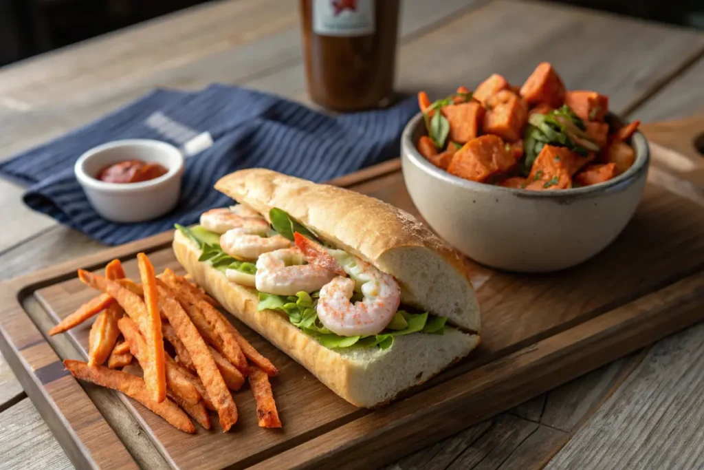 Shrimp sandwich with sweet potato fries and lemon wedge on a rustic table