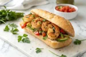 Close-up of a juicy shrimp sandwich with fresh lettuce and sauce on brioche bun