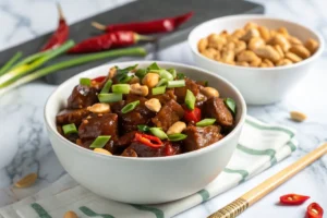Kung Pao Beef stir-fry with peanuts, bell peppers, and chili peppers