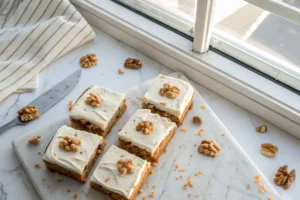 Moist carrot cake bars with cream cheese frosting on a white plate