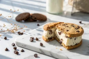 Homemade cookie ice cream sandwich with chocolate chips and vanilla ice cream
