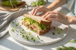 Colorful salad sandwich with avocado, sprouts, and turkey on whole grain