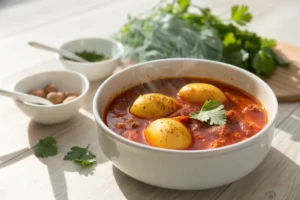 Creamy egg stew with tomatoes, onions, and peppers in a white bowl
