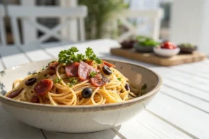 Dominican spaghetti served with salami, olives, and creamy tomato sauce