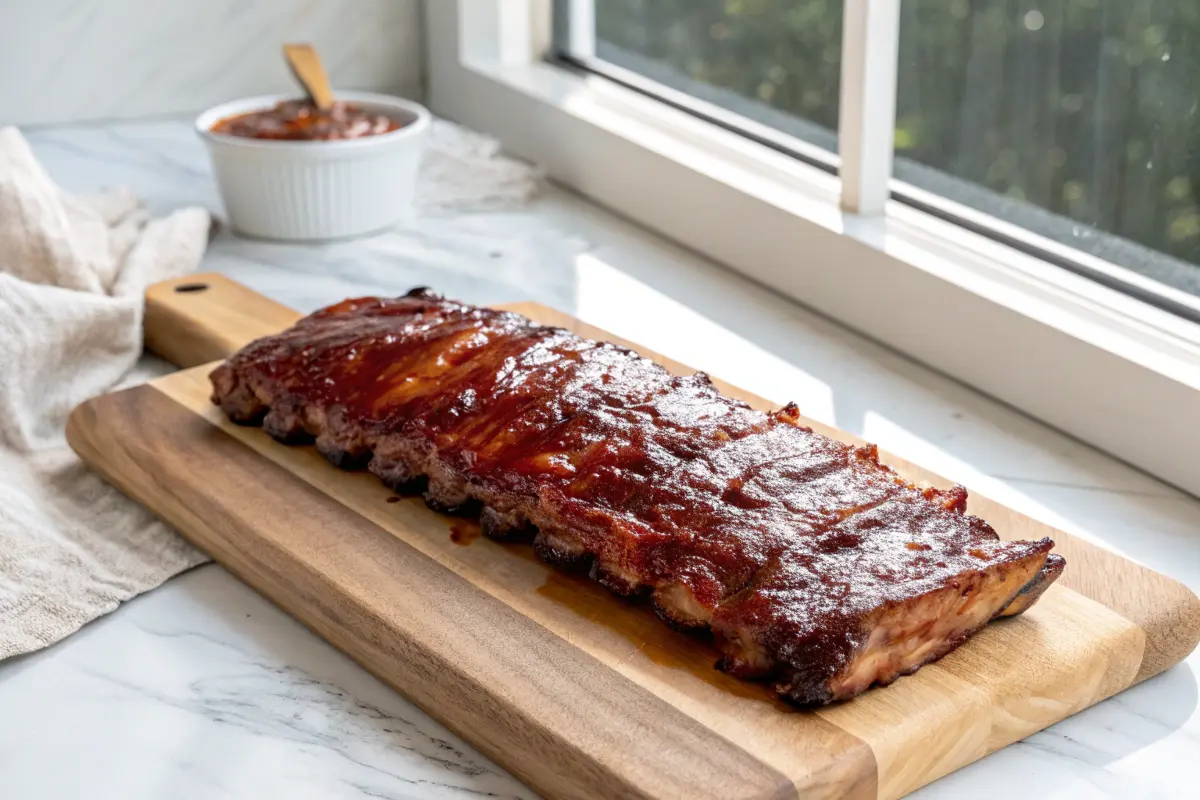 Charcoal BBQ ribs with smoky crust and BBQ sauce glaze