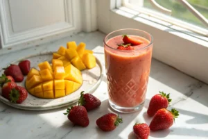 Strawberry mango smoothie in glass with frozen mango and strawberries
