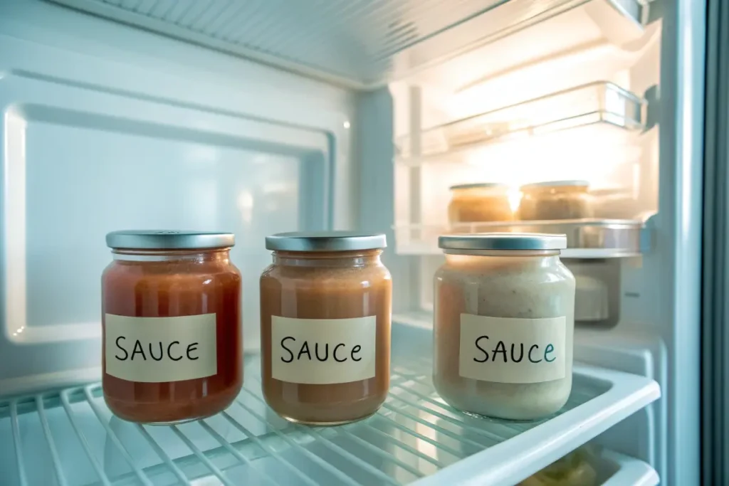 Meal prep jars of breakfast burrito sauce in a fridge