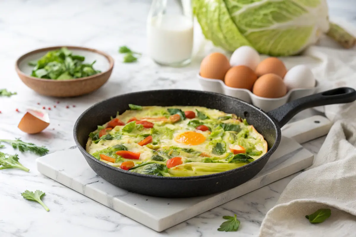 Cabbage and eggs skillet with vibrant colors
