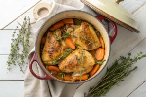 Hearty stewing chicken with carrots and herbs in Dutch oven