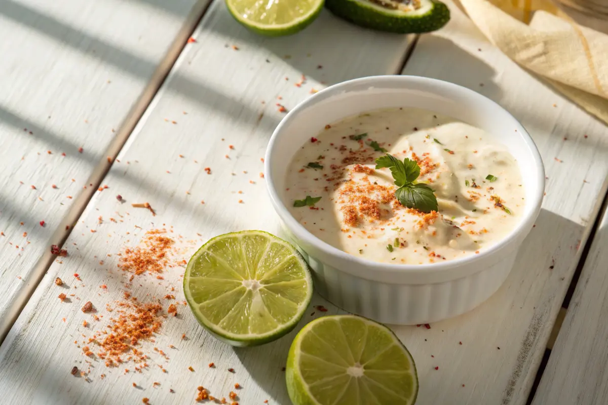 Creamy breakfast burrito sauce in a glass jar with lime and spices
