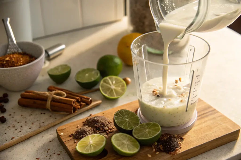 Hands blending breakfast burrito sauce in a food processor