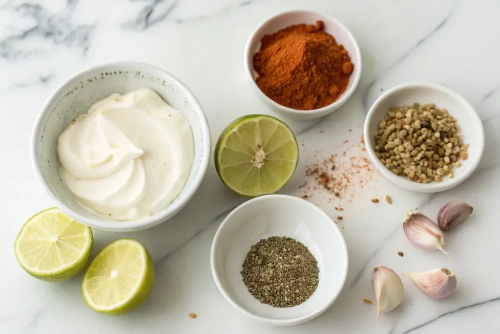 Fresh ingredients for breakfast burrito sauce: yogurt, lime, cumin, paprika
