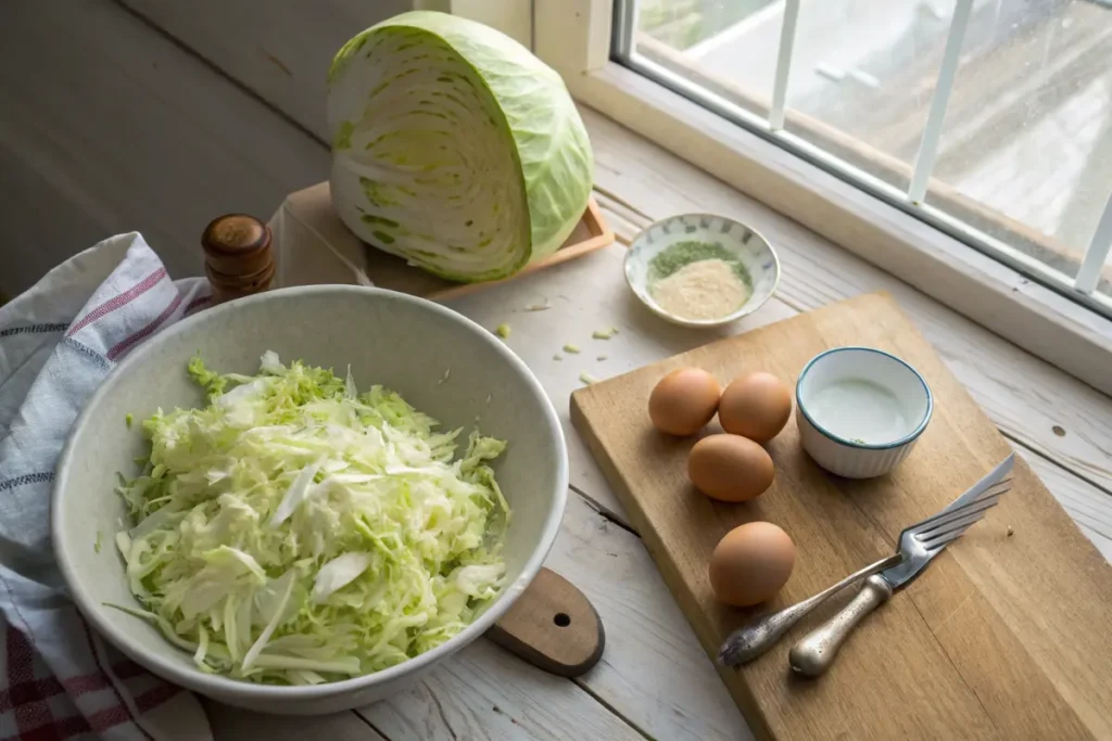 Fresh cabbage and eggs ready for cooking