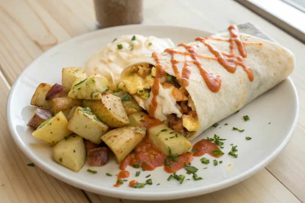 Breakfast burrito drizzled with creamy sauce on a rustic plate